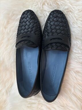 Robert Zur Black  Woven Leather Slip-On Driving Loafers